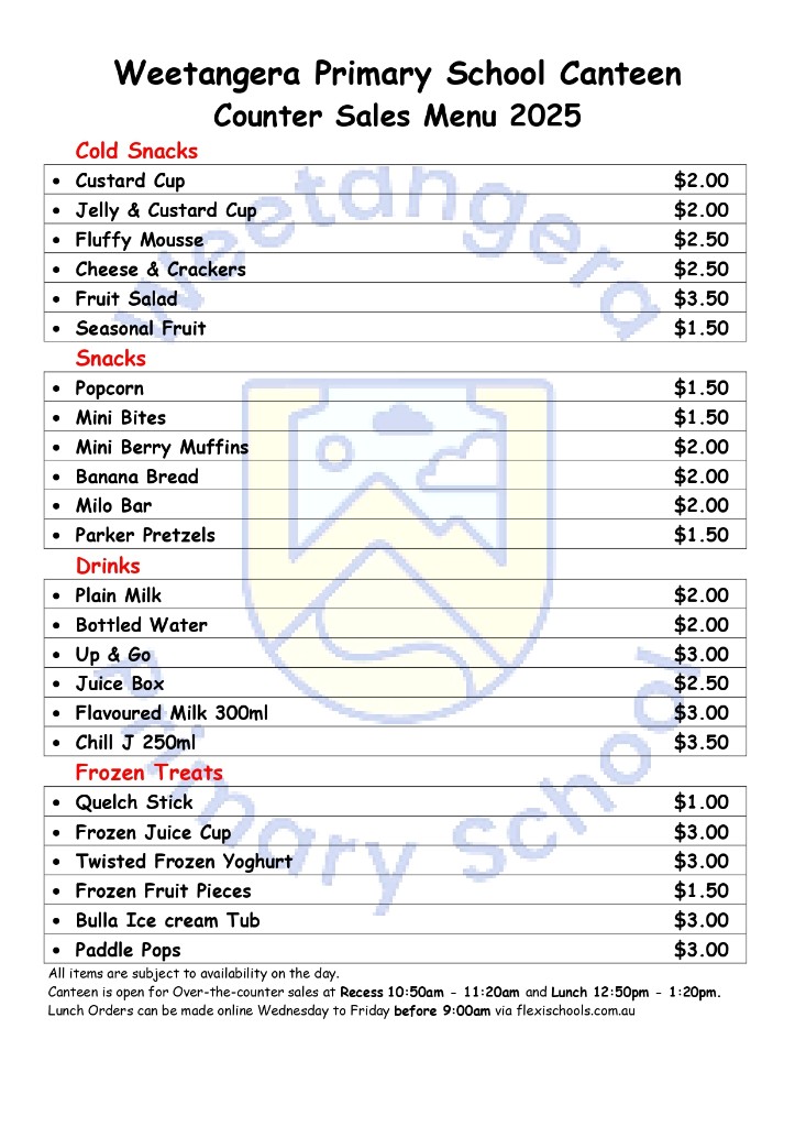 Weetangera Primary School Canteen counter sales menu 2025